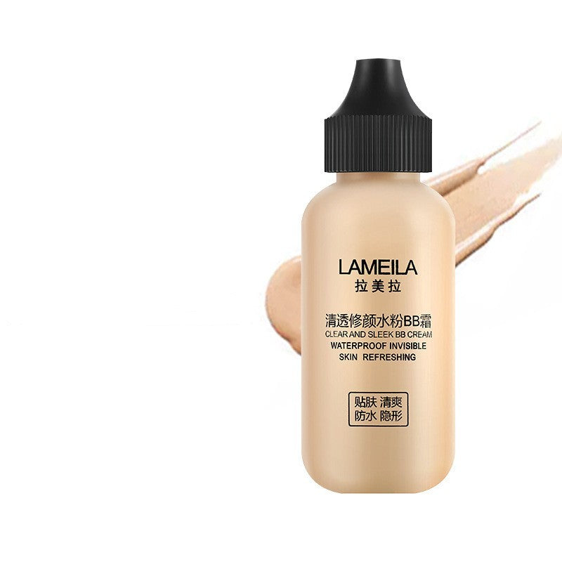 Beige bottle of LAMEILA BB cream with a black cap on a white background