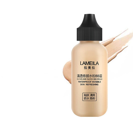 Beige bottle of LAMEILA BB cream with a black cap on a white background